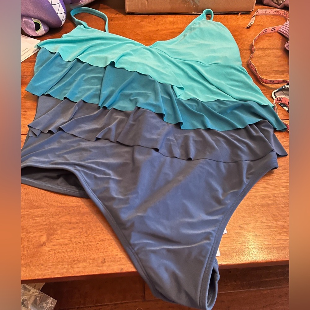 Beyond Control Women's Blue and Teal Ruffled Swimsuit